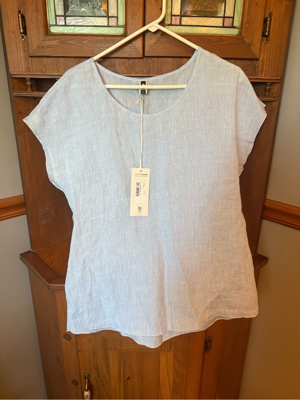 NWT European Culture Light Blue Linen Blouse "T-Shirt Donna" Sz L Italy